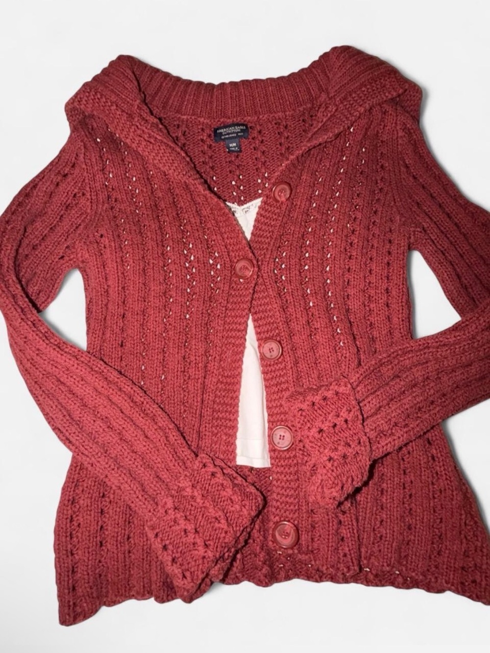 American Eagle Burgundy Hooded Cable Knit Button Front Cardigan Sweater Size m
